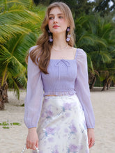 Square Neck Lantern Sleeve Shirred Knot Front Crop Blouse